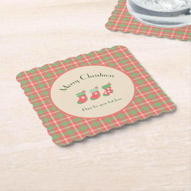 Christmas red-based Plaid Paper Coaster (Angled)