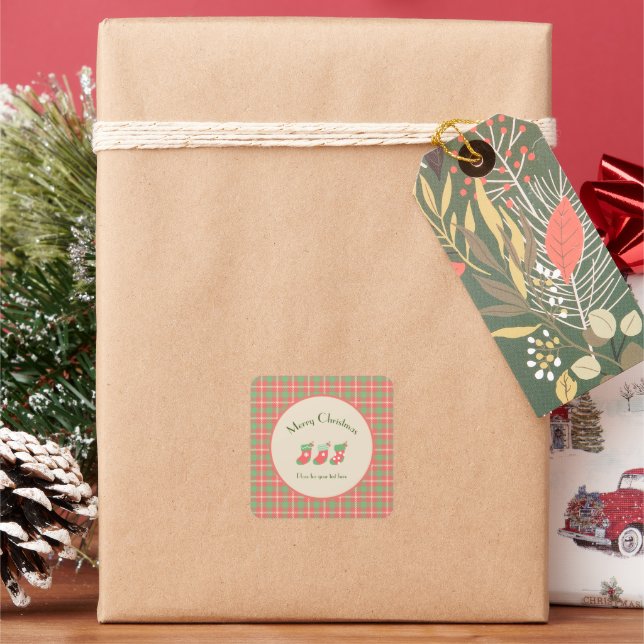 Christmas red-based Plaid Square Sticker (Holiday)