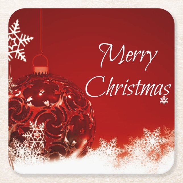 Christmas - Red Bauble and White Snowflakes Square Paper Coaster (Front)