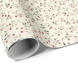 Christmas Red Berries and Green Leaves on Cream Wrapping Paper