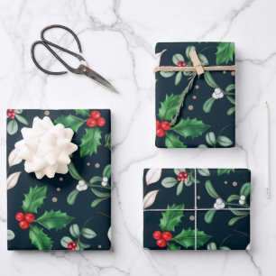 Christmas Red Berries and Green Leaves Wrapping Paper Sheet
