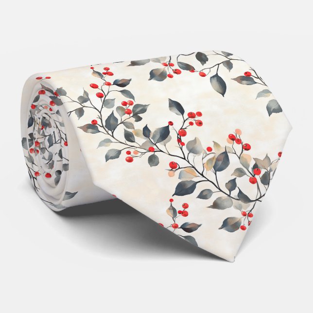 Christmas Red Berries Green Branches Tie (Rolled)