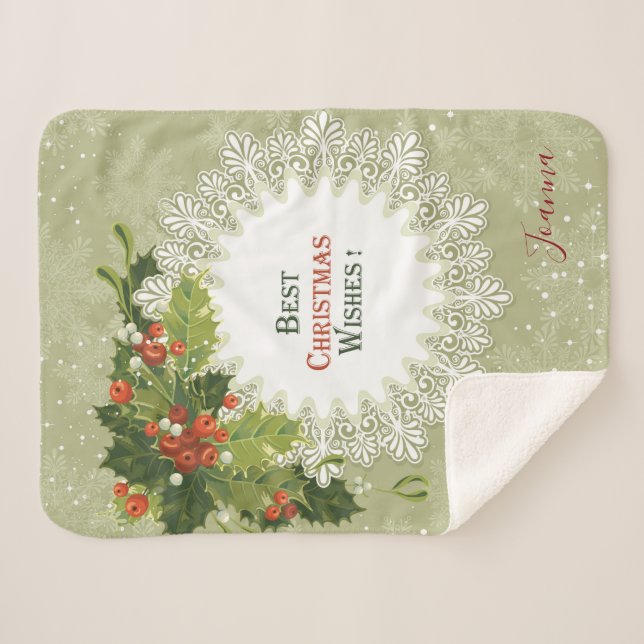 Christmas Red Berries Green Wreath White Snowflake Sherpa Blanket (Front (Horizontal))