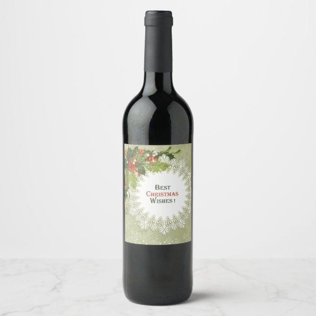 Christmas Red Berries Green Wreath Wine Label (Front)
