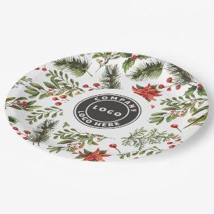 Christmas Red Berries Greenery Business Logo Paper Plate