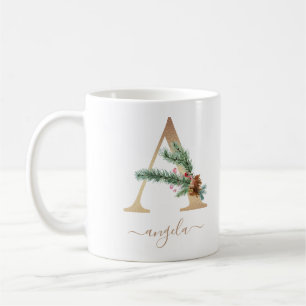 Christmas Red Berries Greenery Gold Monogram A Coffee Mug