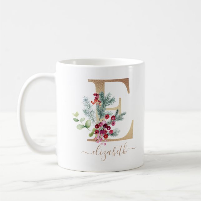Christmas Red Berries Greenery Gold Monogram E Coffee Mug (Left)