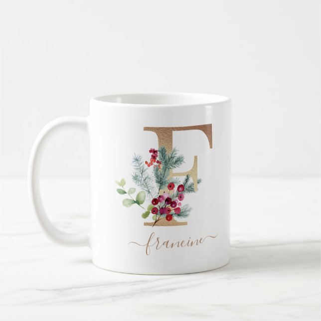 Christmas Red Berries Greenery Gold Monogram F Coffee Mug (Left)
