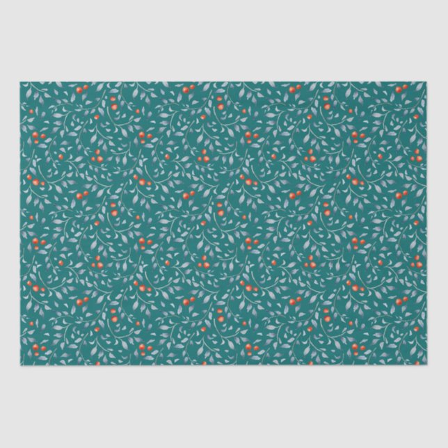 Christmas red berries pattern modern trendy teal tissue paper (Front)