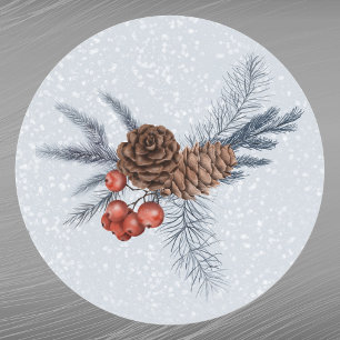 Christmas Red Berries Pine Cones Watercolor Classic Round Sticker