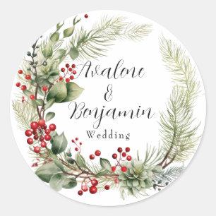 Christmas Red Berries Pine Needles Wreath Wedding Classic Round Sticker