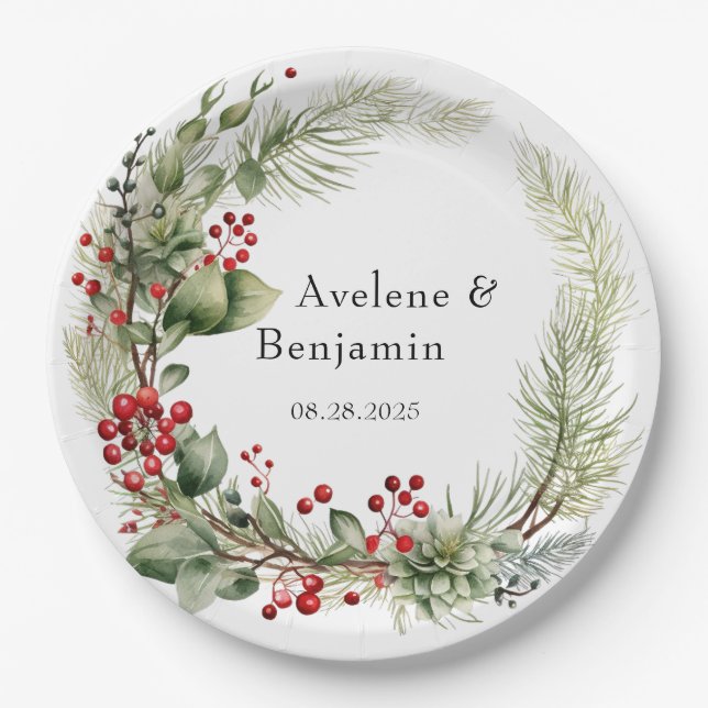 Christmas Red Berries Pine Needles Wreath Wedding Paper Plate (Front)