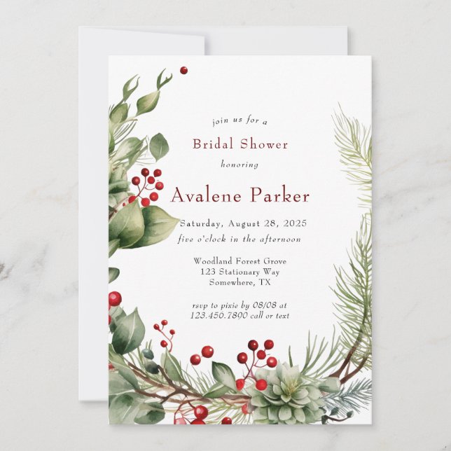 Christmas Red Berries Pine Wreath Bridal Shower Invitation (Front)