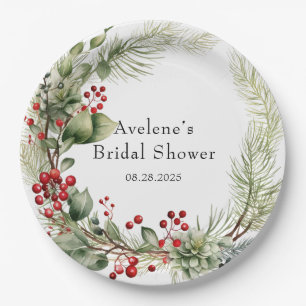 Christmas Red Berries Pine Wreath Bridal Shower Paper Plate