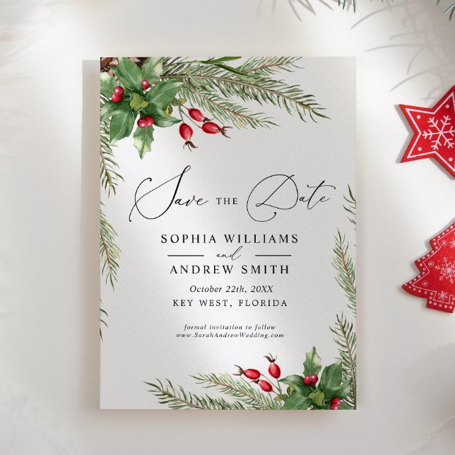 Christmas Red Berries Save the Date Invitation (Creator Uploaded)