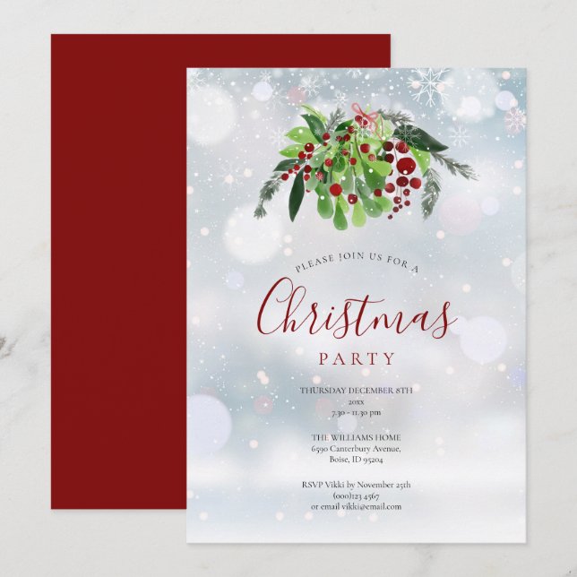 Christmas Red Berries Snowflakes Holiday Party Invitation (Front/Back)