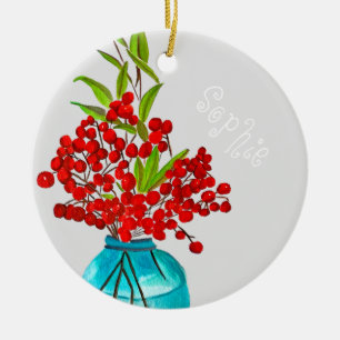Christmas red berries watercolor art ceramic tree decoration