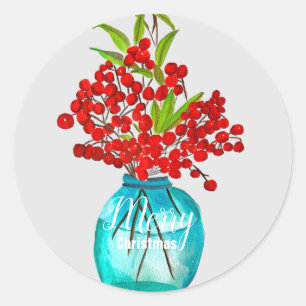 Christmas red berries  watercolor art classic round sticker