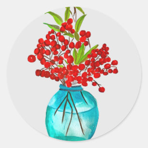 Christmas red berries  watercolor art classic round sticker