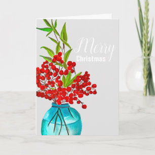 Christmas red berries  watercolor art holiday card