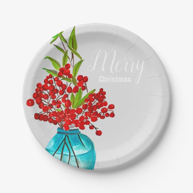 Christmas red berries  watercolor art paper plate (Front)