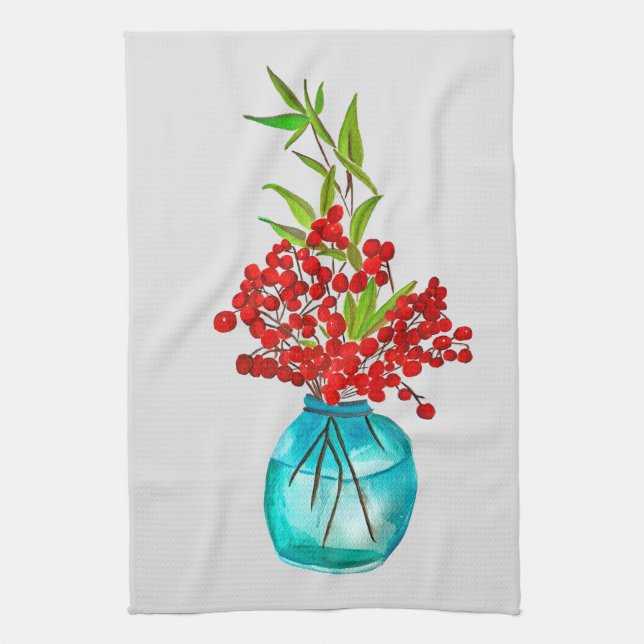 Christmas red berries  watercolor art tea towel (Vertical)