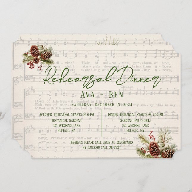 Christmas Red Berry PineCone Rehearsal Dinner Invitation (Front/Back)
