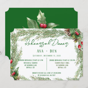 Christmas Red Berry PineCone Rehearsal Dinner Invitation