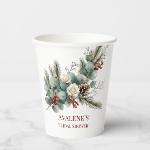 Christmas Red Berry White Rose Bridal Shower Paper Cups