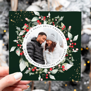 Christmas Red Berry Wreath Floral Photo Square Holiday Card