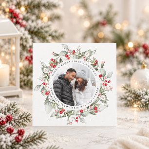 Christmas Red Berry Wreath Floral Photo Square Holiday Card