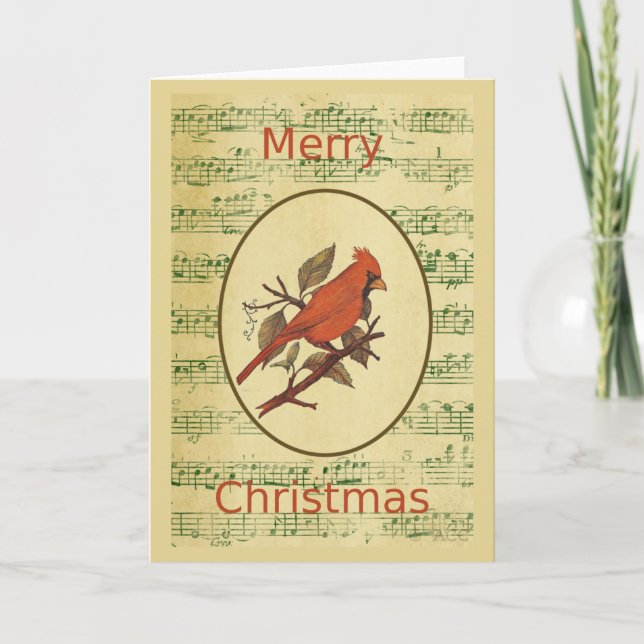 Christmas Red Bird Cardinal Green Music Holiday Card (Front)
