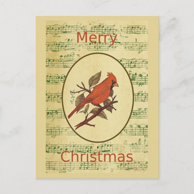 Christmas Red Bird Cardinal Green Music Holiday Postcard (Front)