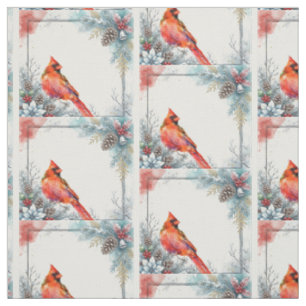 Christmas Red Bird Cardinal Greenery Pointsettia Fabric