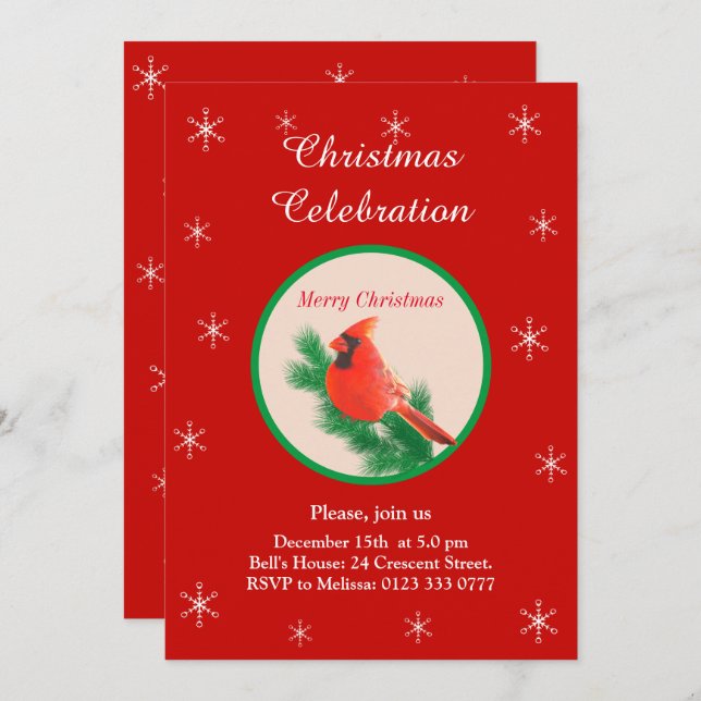 Christmas Red Bird & Snowflakes Party Invitation (Front/Back)