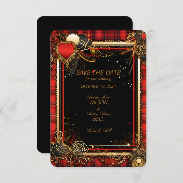 Christmas Red Black and Gold Wedding  Save The Date (Front/Back)