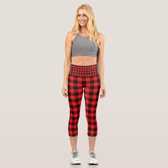 Christmas  Red Black Buffalo Checks Plaid Capri Leggings (Front)
