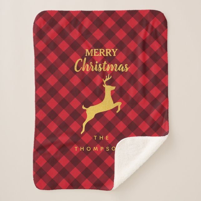 Christmas Red Black Buffalo Plaid Deer Sherpa Blanket (Front)