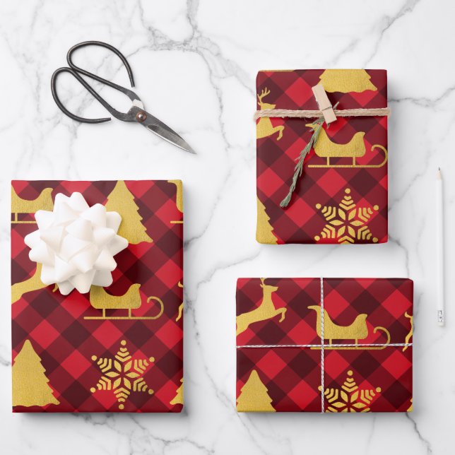 Christmas Red & Black Buffalo Plaid Gold Xmas Wrapping Paper Sheet (Front)