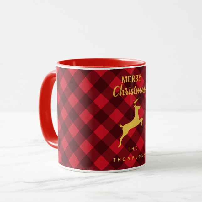 Christmas Red Black Buffalo Plaid Reindeer Family Mug (Front Left)