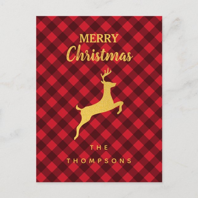 Christmas Red & Black Buffalo Plaid  Reindeer Xmas Holiday Postcard (Front)