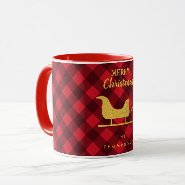 Christmas Red & Black Buffalo Plaid Santa Sleigh  Mug (Front Left)