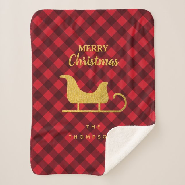 Christmas Red & Black Buffalo Plaid Santa Sleigh Sherpa Blanket (Front)