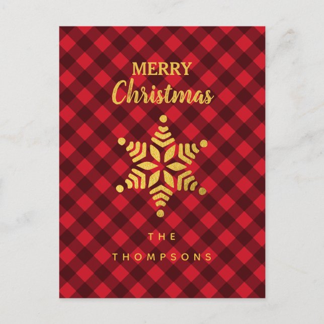 Christmas Red & Black Buffalo Plaid Star Snowflake Holiday Postcard (Front)