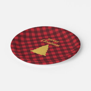 Christmas Red & Black Buffalo Plaid Xmas Tree Paper Plate
