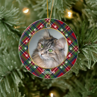 Christmas Red Blue Green Plaid Cat Photo & Name Ceramic Tree Decoration