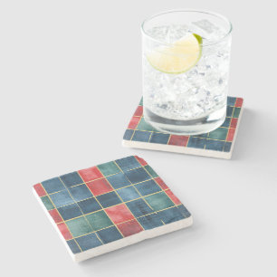 Christmas Red Blue Green Squares Stone Coaster