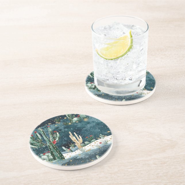 Christmas Red Blue Green Western Cactus Coaster (Side)