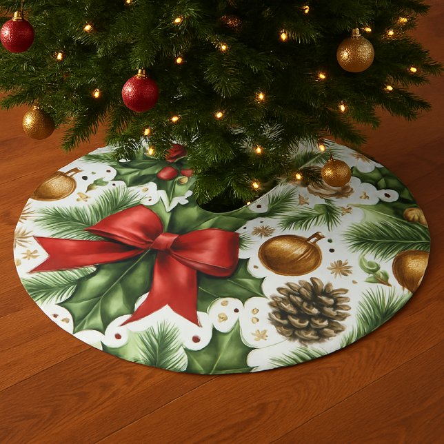 Christmas Red Bow and Greenery  Brushed Polyester Tree Skirt (Style your Christmas tree with a festive red bow tree skirt )