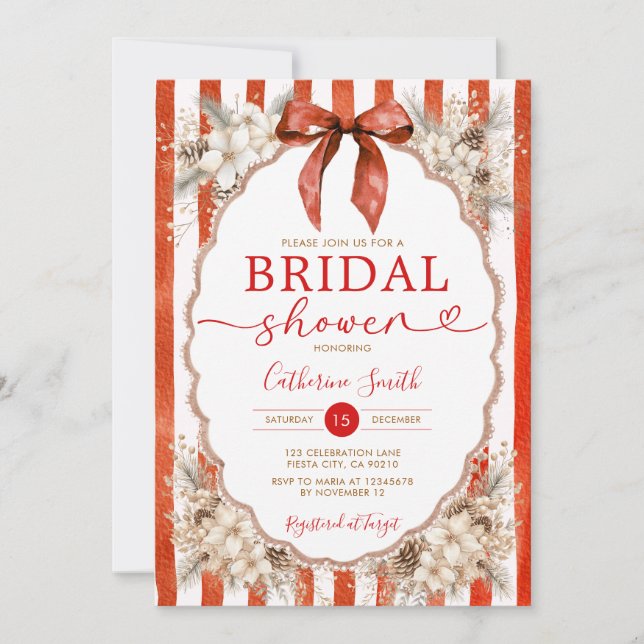 Christmas Red Bow Bridal Shower White Floral Party Invitation (Front)